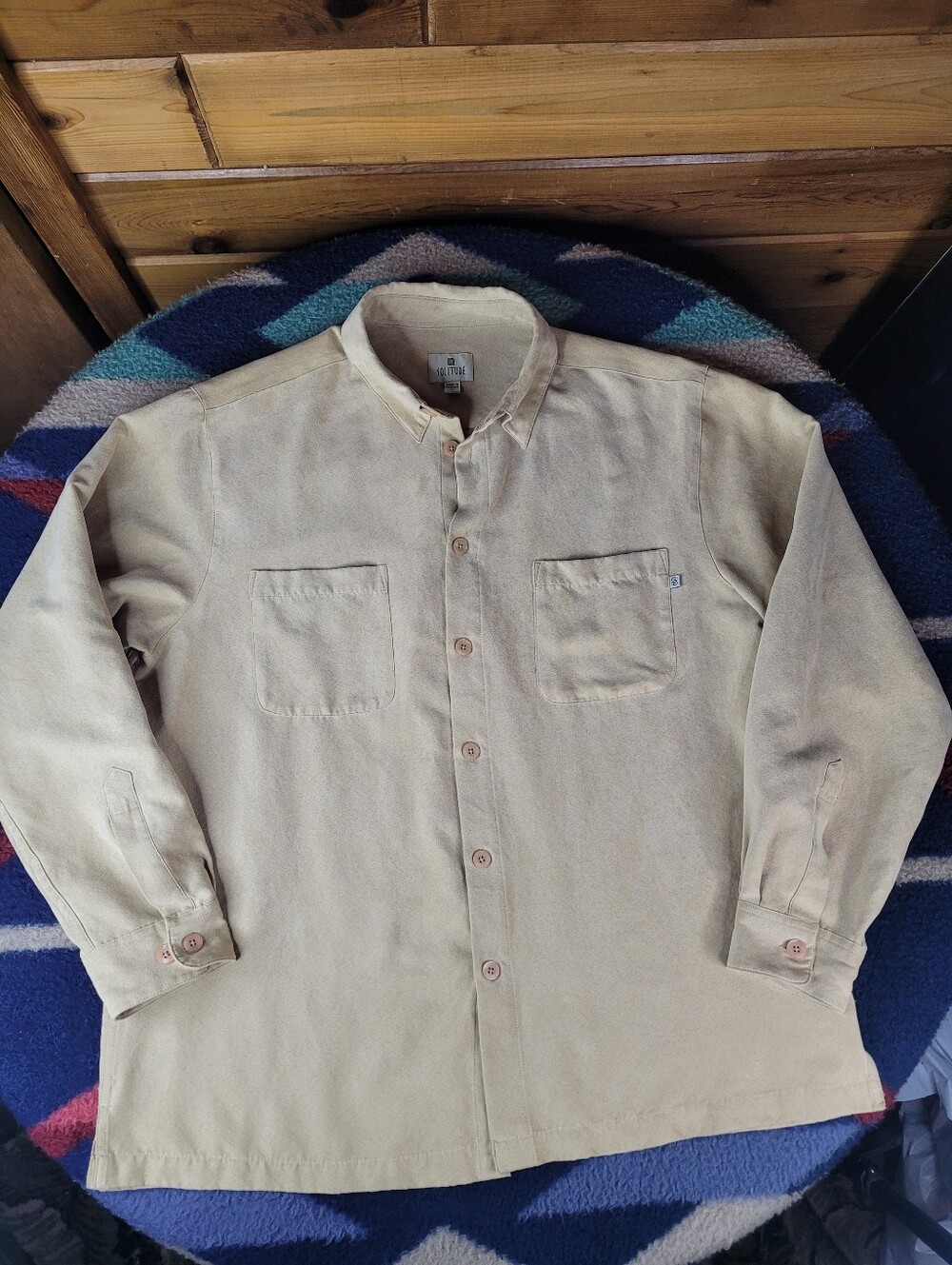 Solitude Faux Suede Button Down Shirt Mens Large Long Sleeve Tan Polyester